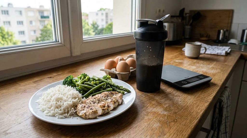 Assiette de riz, poulet et légumes verts à côté d'œufs, d'un shaker et d'une balance de cuisine